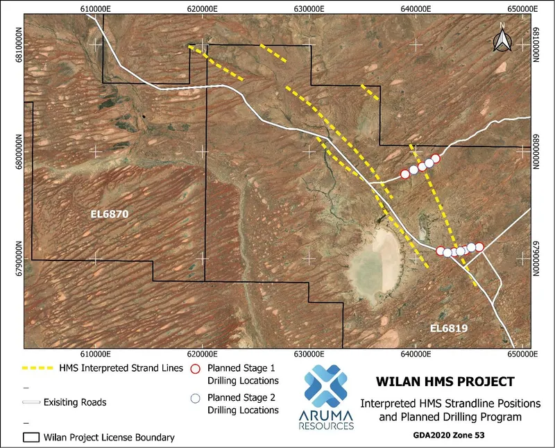 Interpreted HMS Strandlines and proposed future aircore drilling program collar locations