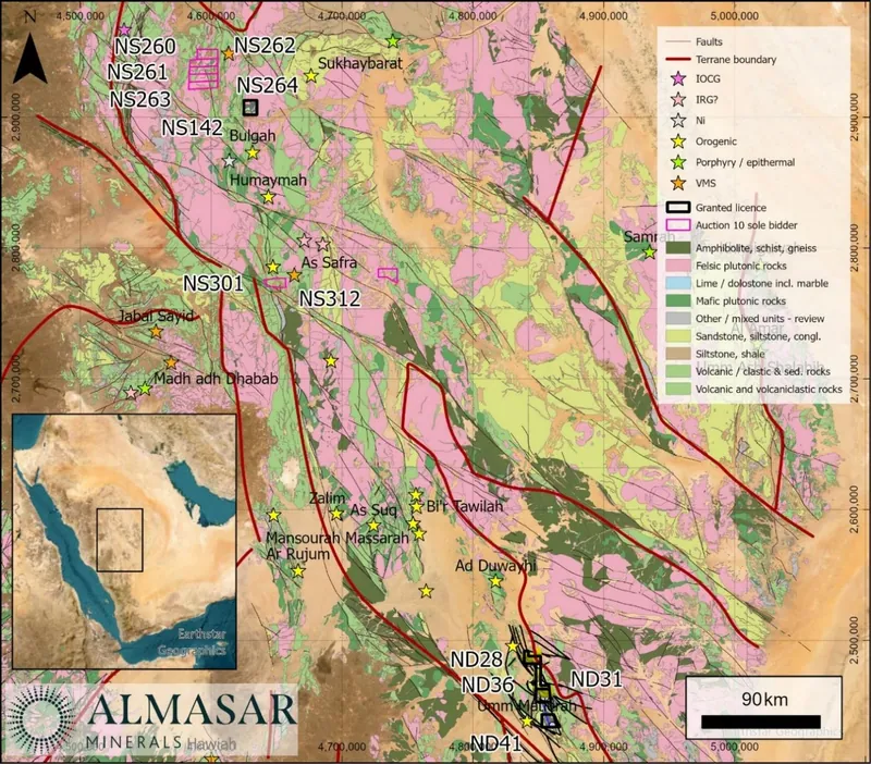Regional geology map showing geology, Almasar permits, and mineral occurrences