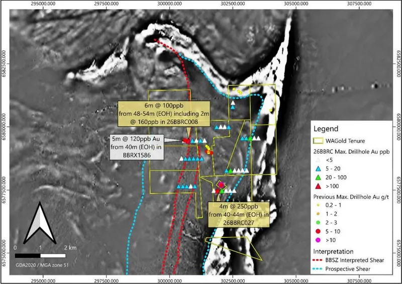 Drill hole layout, Bullabulling North with new drilling lines shown as triangles. Background magnetic anomaly image (2nd vertical derivative)