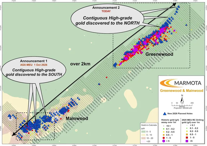 Contiguous high-grade gold discovered to both SOUTH [ ASX:MEU 1 Oct 2026 ] and NORTH [ ASX:MEU Today ]