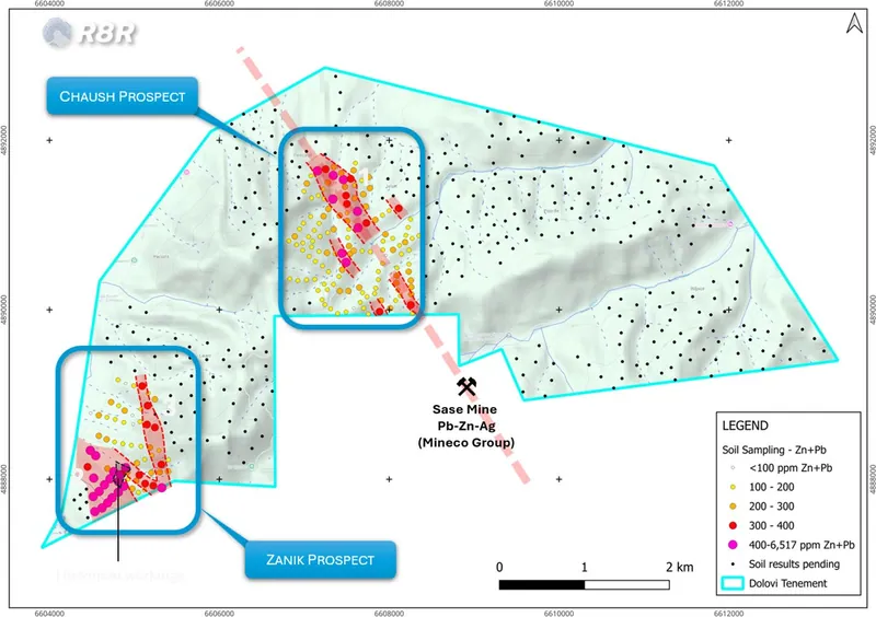 Map of Dolovi tenement, showing Pb+Zn soil sampling results over the topography