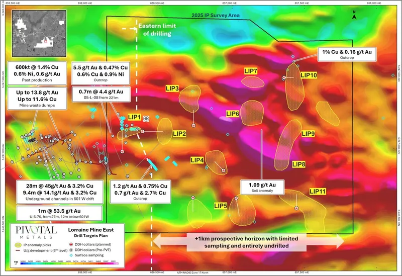 Selected IP (chargeability/resistivity) targets and planned drill holes; historic drill holes and surface samples with UAVMag TMI background