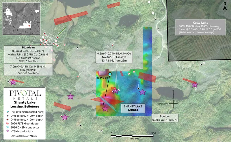 Shanty Lake and surrounds plan map, showing existing occurrences and multiple untested EM conductors