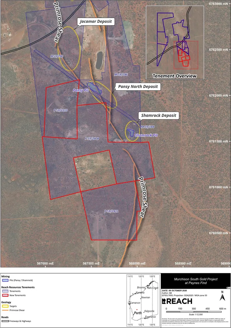 Murchison South Gold Project – newly acquired prospecting licences P59/2210, P59/2408 and P59/2411 (red) adjoining the Pansy Pit and Shamrock deposits along th…