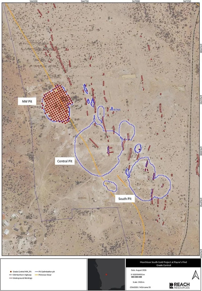 Figure 1.Planned drill collar locations at the NW Pit relative to proposed pit shells, the Primrose Shear and historic underground workings