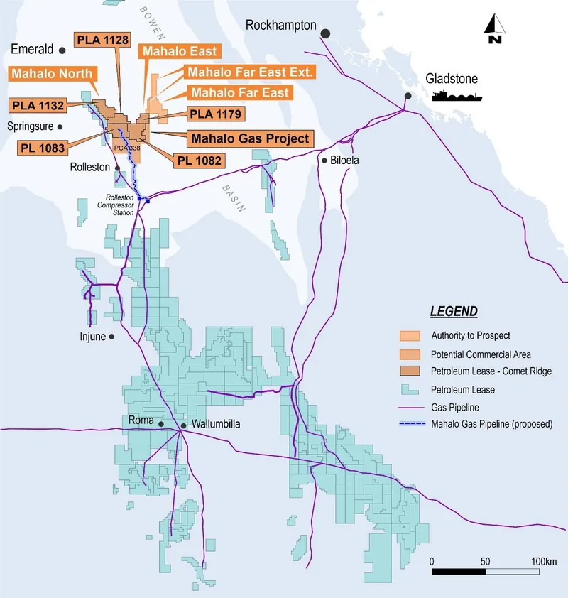 Mahalo Gas Hub assets and proposed path of pipeline connection to existing transmission pipelines and domestic and LNG markets in Queensland