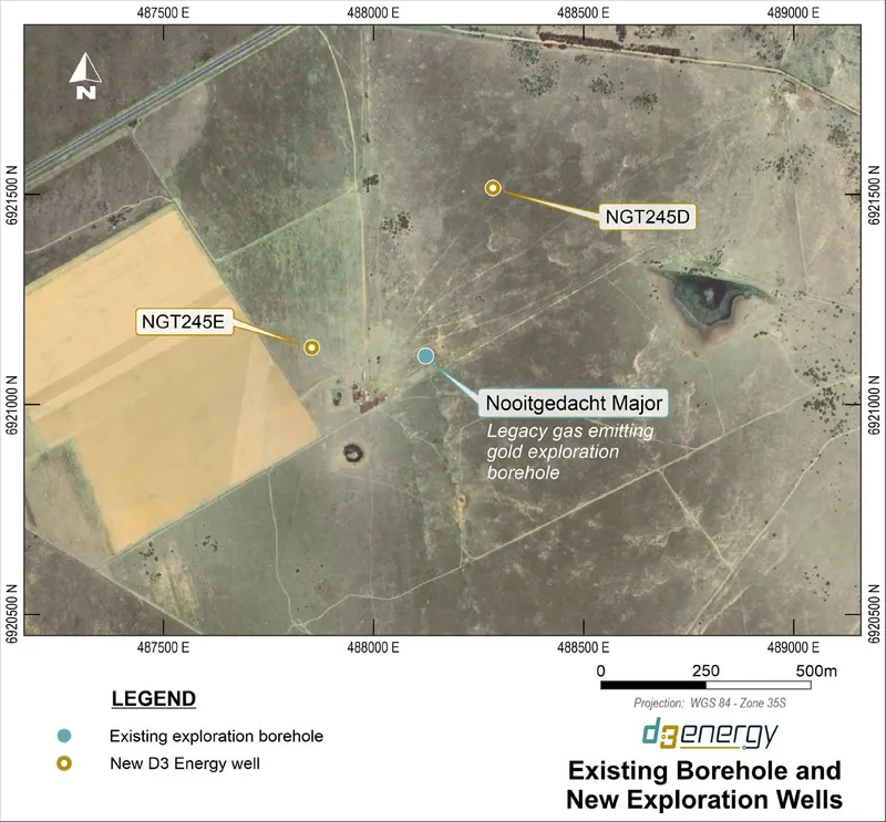 (Figure 1: Nooitgedacht well locations – NGT245 E, NGT245 D and the Nooitgedacht Major borehole)