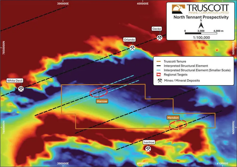 North Tennant Project structural geological interpretation and total magnetic intensity (TMI) aeromagnetic image (Geoscience Australia, 2019) – warm colours in…