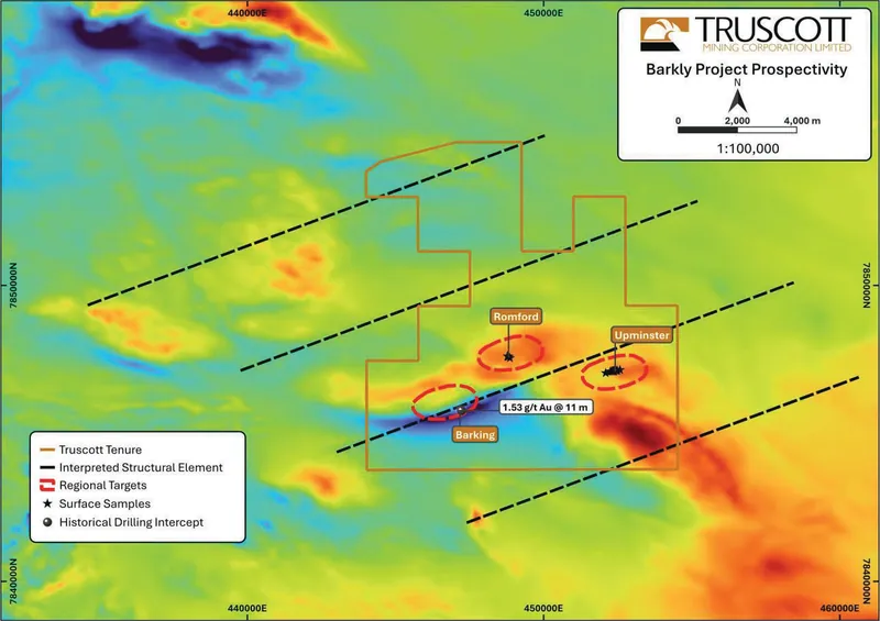 Barkly Project target areas, surface samples, and total magnetic intensity (TMI) aeromagnetic image (Geoscience Australia, 2019) – warm colours indicate higher…