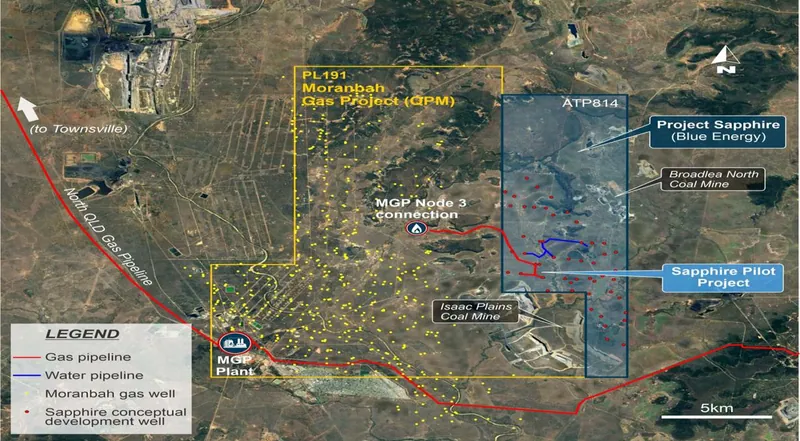 Sapphire block (PL 1034) of ATP 814 in relation to the Moranbah Gas Project and the related gas producing wells