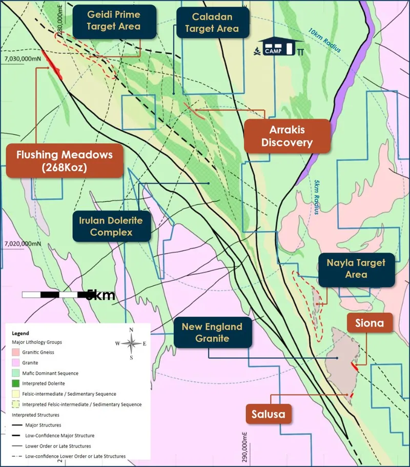 Yandal Resource exploration target areas and prospect locations within the northern Yandal Greenstone Belt. The Arrakis Prospect is located within the Caladan…
