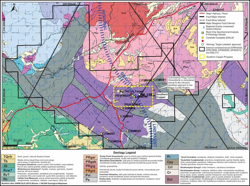 Local geological setting of the Mount Rainbow–Specimen Hill project, focused on the Signature Gold–Southern Copper prospect area