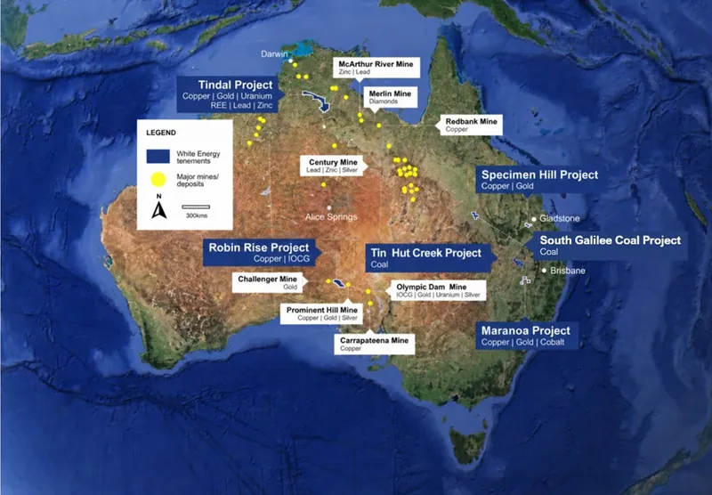 Location of White Energy projects. Prospective for Tier 1 mineral systems