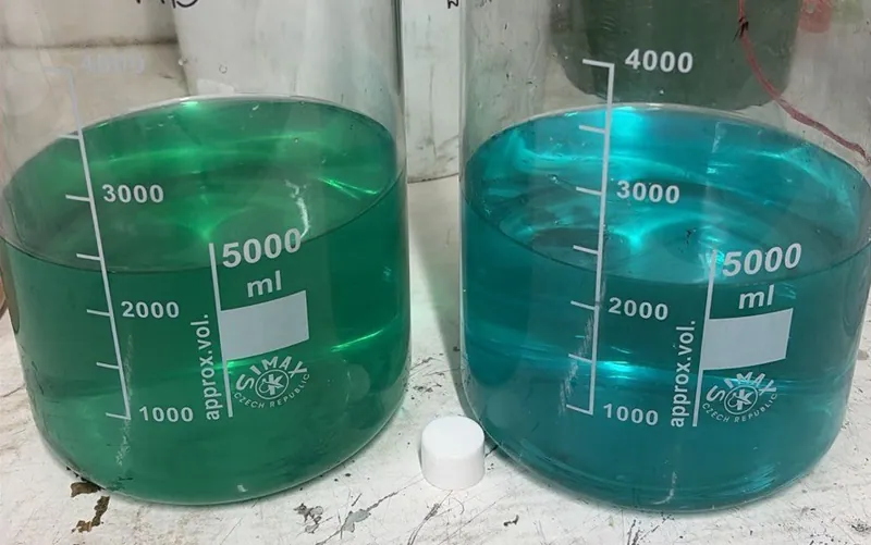 Top left: Halls Creek leach columns at the Broken Hill Technology Centre. Bottom left: Leach liquor in contact with ion exchange resins. Right: Contacting leac…