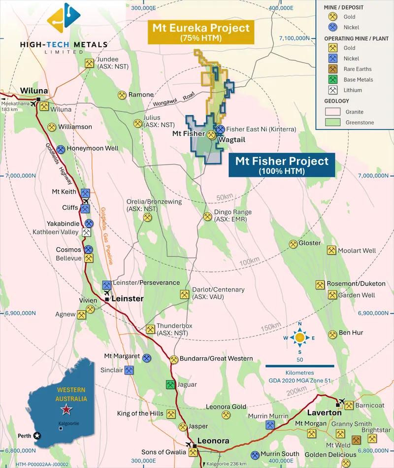 High-Tech Metals’ Mt Fisher and Mt Eureka Gold Project location, Northern Goldfields, Western Australia