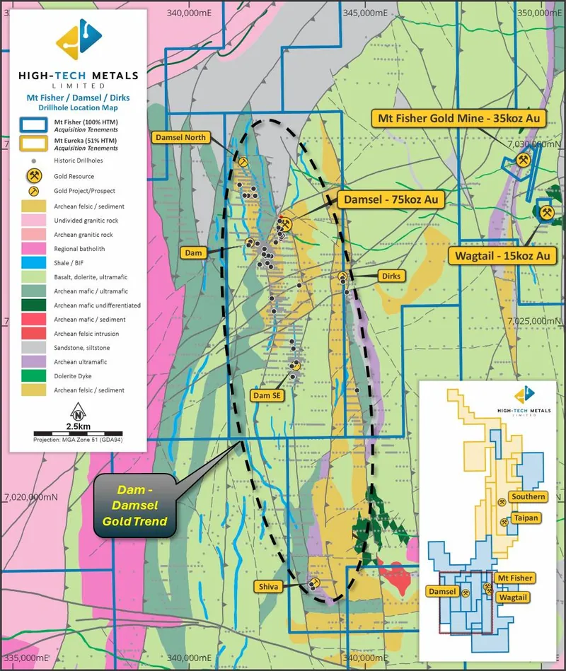 Dam-Damsel Gold Trend, Mt Fisher and Wagtail Mines on interpreted geology background
