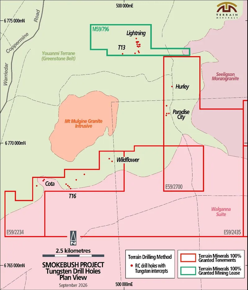 Plan view of the Smokebush Project showing prospect locations, tenement boundaries and the collars of the drill holes with tungsten intersections reported in A…