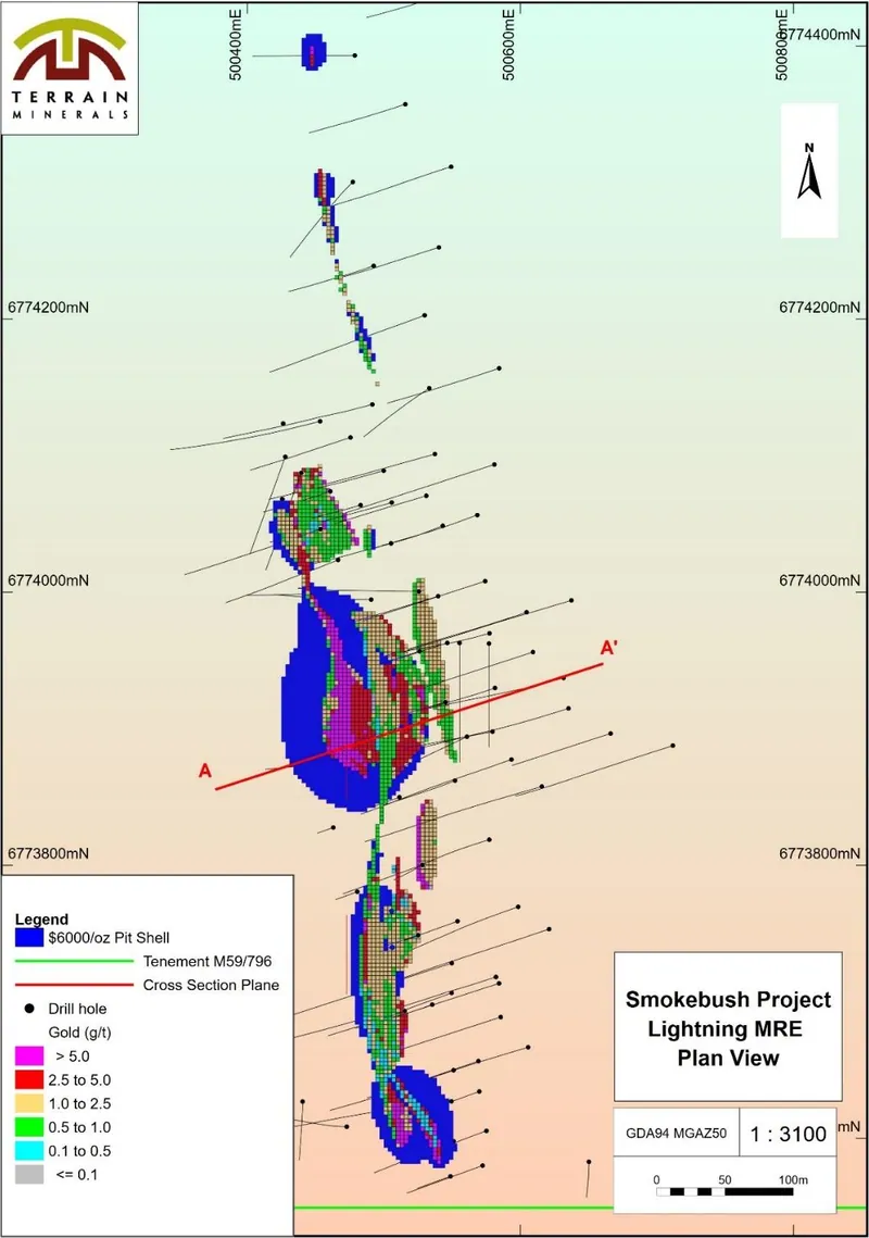 Plan View of Lightning Inferred Mineral Resource Estimation with $6000/oz optimised pit shell