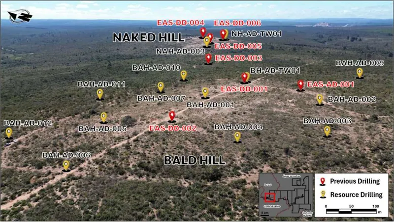 Perspective view looking north-east across the Naked Hill Project, showing auger drilling progress (from ASX 28/9/26)