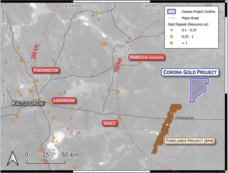 Location of the Corona Gold Project relative to Kalgoorlie, regional mills and BPM Minerals’ Forelands Project