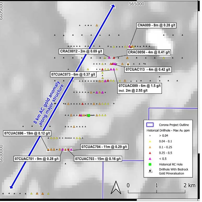 Corona prospect – historical aircore drilling showing the 8km gold anomaly along a major structure (maximum Au ppm per hole)