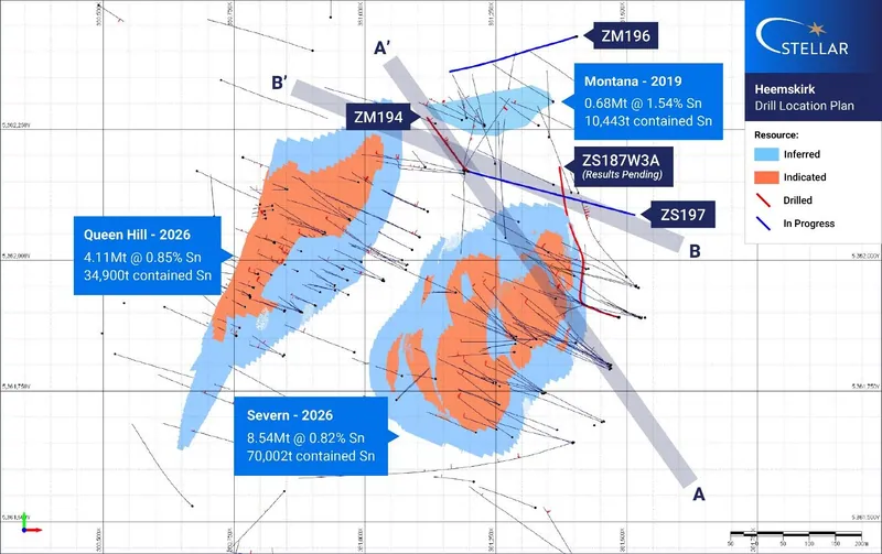 Drill hole location plan, location of cross sections A-A’ (Figure 2) and B-B’ (Figure 4)