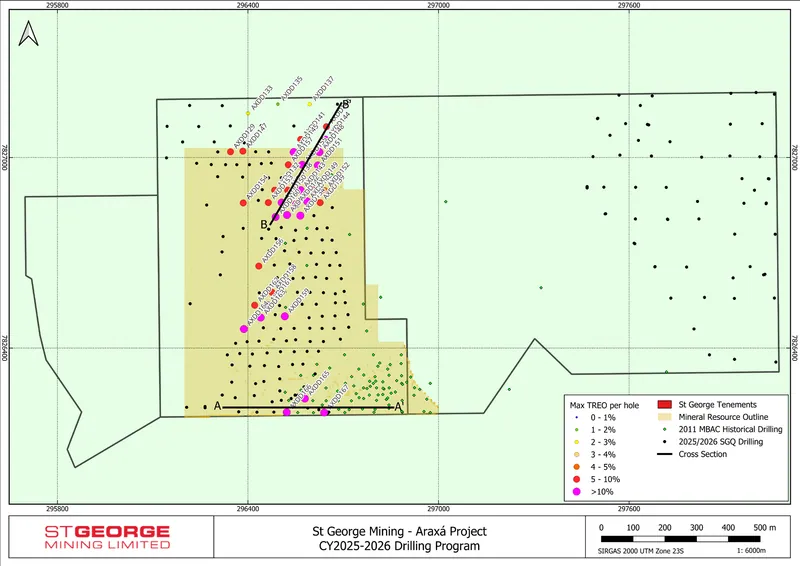 Plan view map of Araxá area showing the location of the diamond drilling relative to the MRE as well as the sections in Figures 3 and 4 above