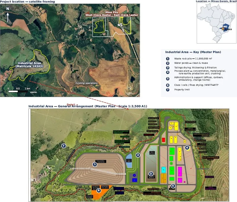 Schematic diagram showing the areas assessed for the potential mining operation and industrial complex at Araxá