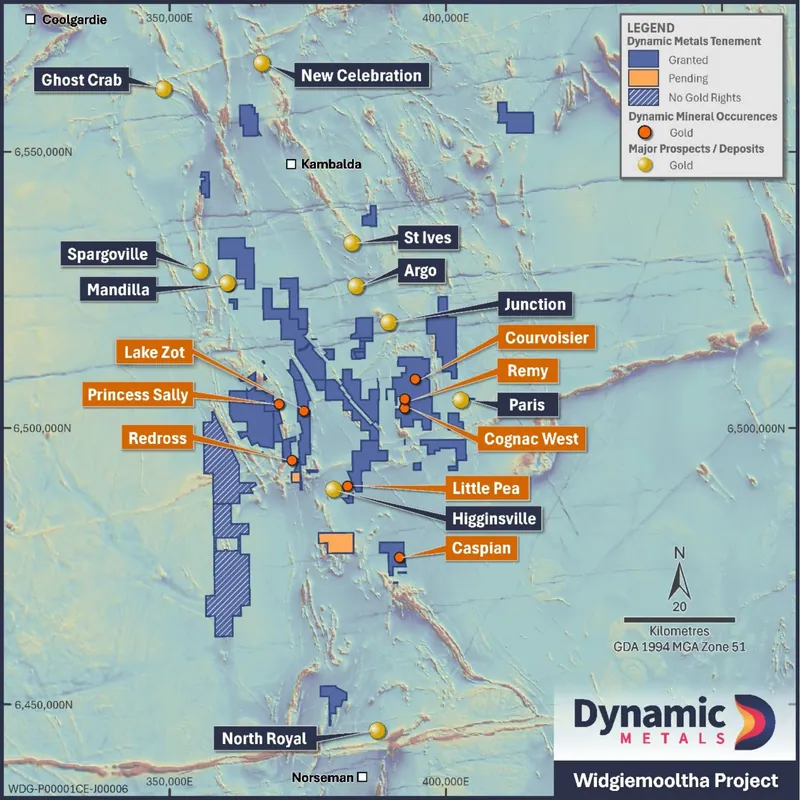 Tenement Map of Widgiemooltha Project showing priority gold prospects