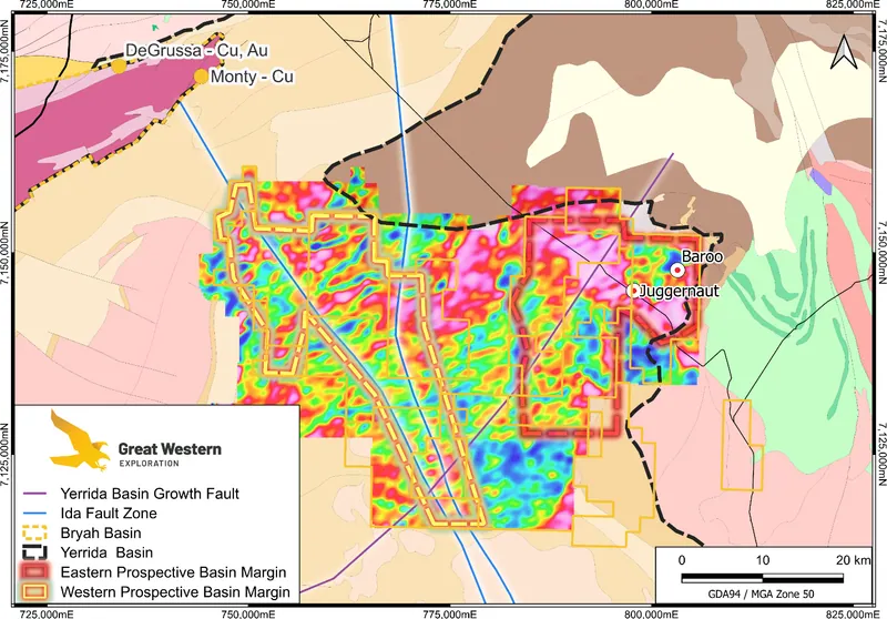Location of the Juggernaut VHMS Target in relation to Great Western Tenements within the Yerrida Basin, and the nearby DeGrussa and Monty copper-gold VHMS depo…