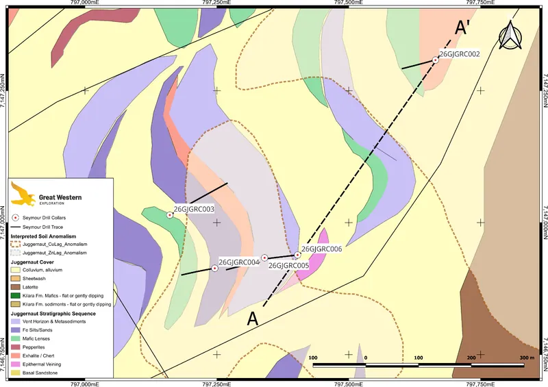 Plan section of completed RC drill-holes at the Seymour Target. Note section line referenced in Figure 6