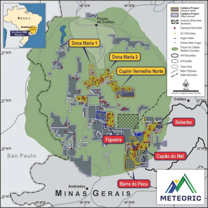 Location map of Caldeira REE Project highlighting seven licences with JORC resources totalling 1.6Bt at 2,317ppm TREO