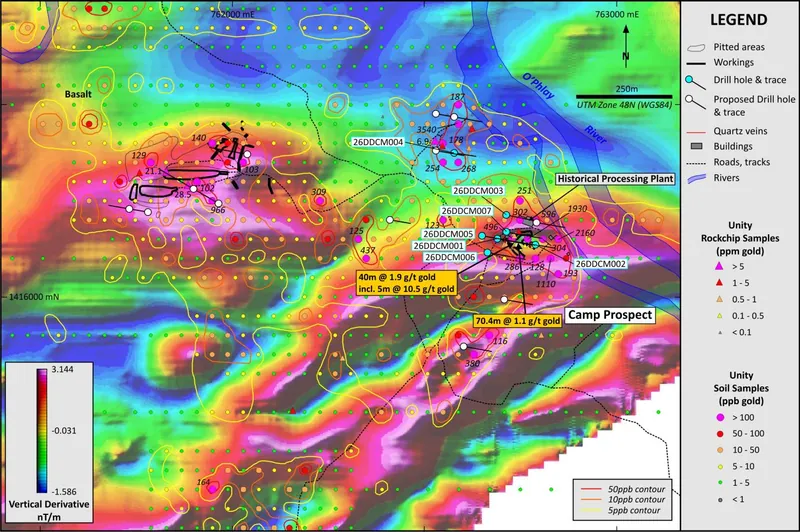 Completed and proposed diamond drill holes on a UAV magnetics image from the Camp Prospect showing the magnetic anomalies associated with historical gold worki…
