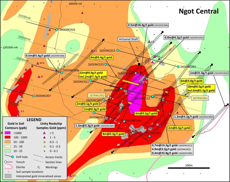 Ngot Central Prospect - trench locations with gold intersections (yellow labels), drill hole locations with gold intersections (grey labels) & interpreted mine…