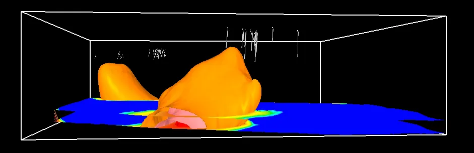 3D inversion model of the UAV magnetics looking east with drill holes in grey and the magnetic anomalies in orange (interpreted intrusions)