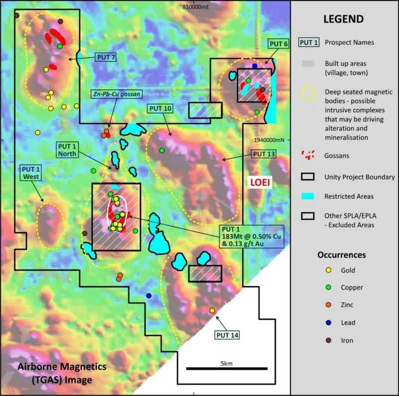 Unity Metals’ Loei Copper Gold Project area in northern Thailand with prospect locations and gold occurrences over an airborne magnetic image