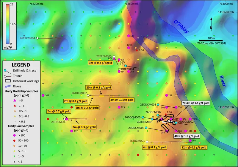 Camp Prospect - GAIP conductivity image with drill hole locations and the location of trenches 26TRCM001 – 005.