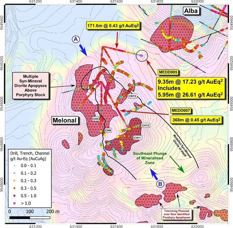 MEDD007 generated an impressive intersection of 369.0m grading 0.45 g/t AuEq7 within a sequence dominated by stockwork-veined diorite (Figure 3)