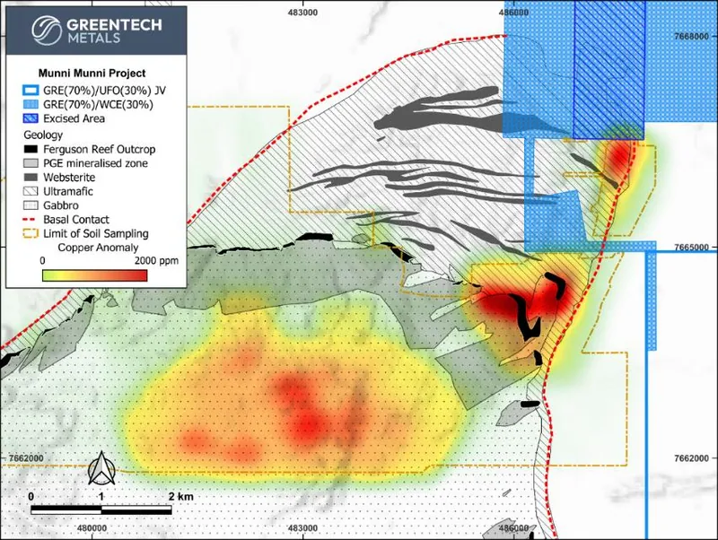 Soil copper geochemistry over the Munni Munni intrusion, showing the base of the ultramafic sequence (dashed red outline) – a high-priority target zone to be i…