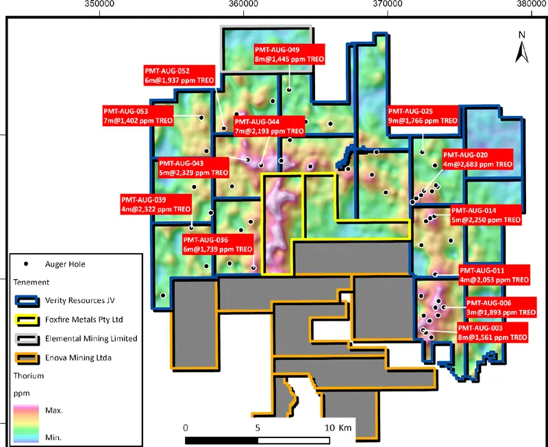 Pimenta Project with significant TREO intercepts, over airborne radiometric image