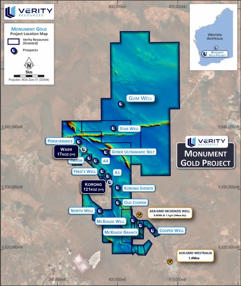 Monument Gold Project key targets over 20km of prospective strike adjacent to Genesis Minerals’ (ASX:GMD) 3.3Moz Laverton Project area