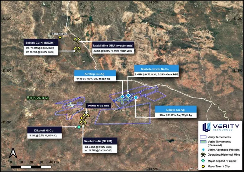 Verity tenement portfolio in eastern Botswana. Green shaded areas are the renewed prospecting licences
