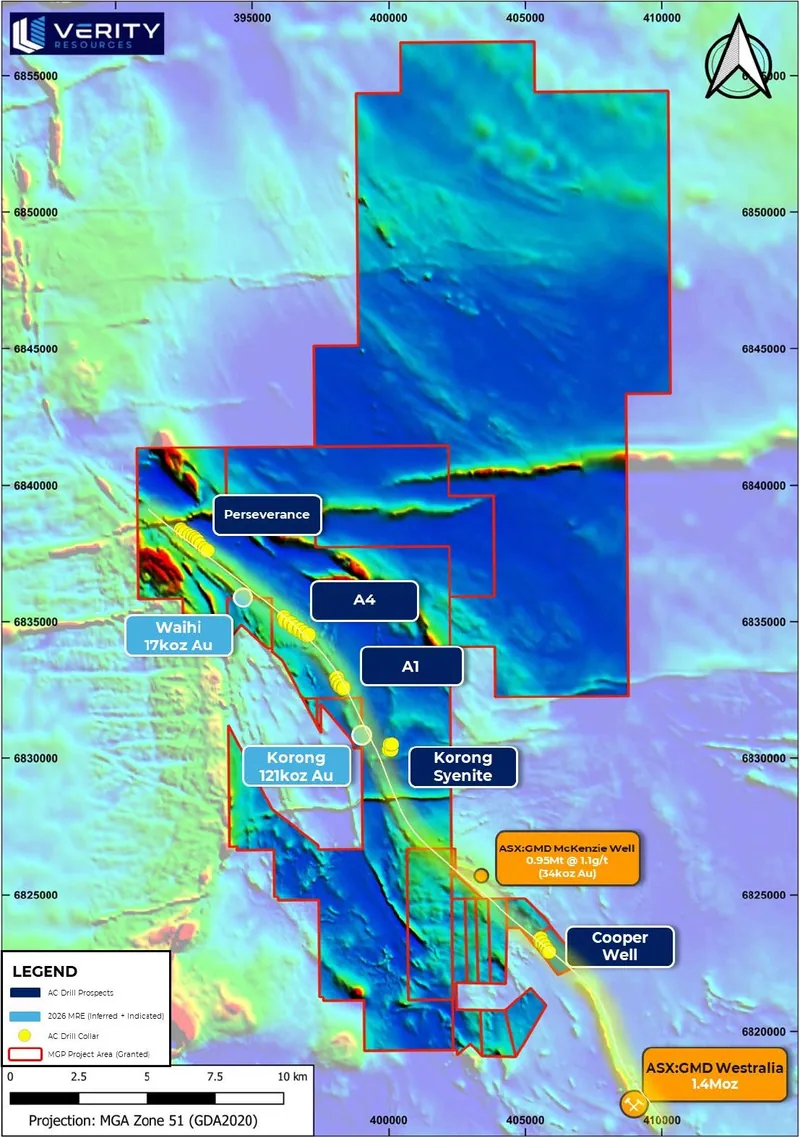 Monument Gold Project AC drill program against regional aeromagnetic imagery