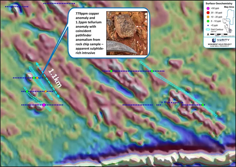 Gum Well Prospect with rock chip samples of outcropping chert/BIF and apparent intrusive units exhibiting pathfinder anomalism, and soil sampling with a >5ppb…