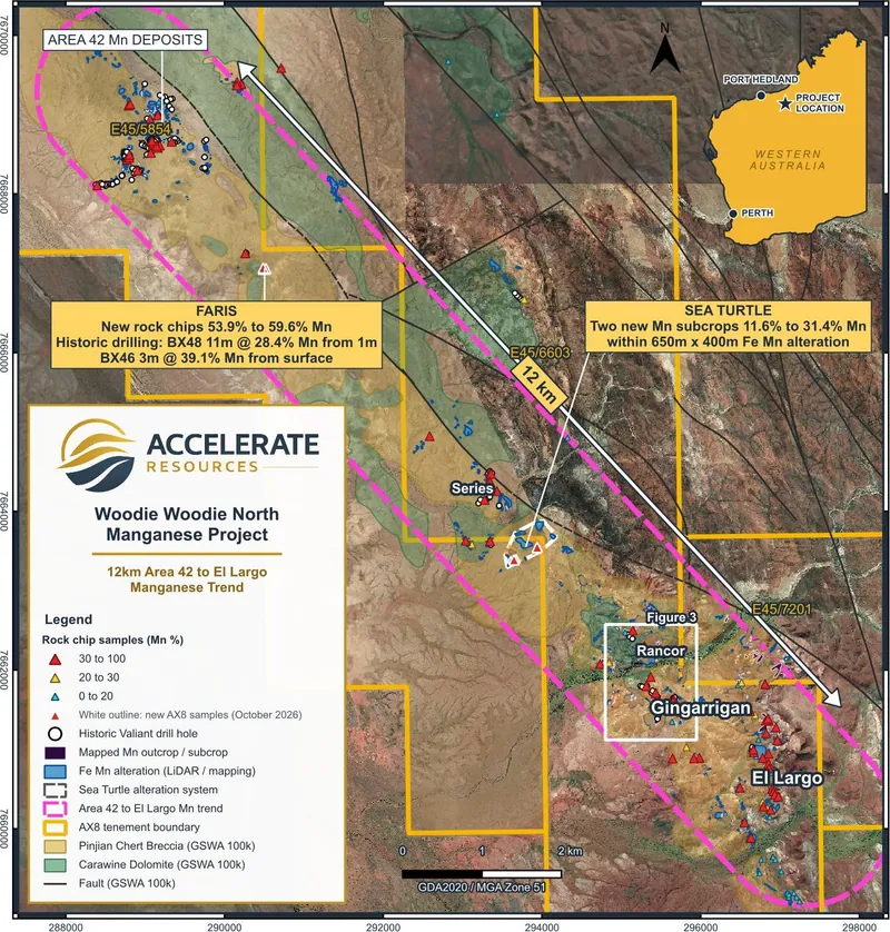 The 12km Area 42 to El Largo manganese corridor, showing rock chip sampling, historic drilling, mapped manganese and alteration, and the location of Gingarriga…