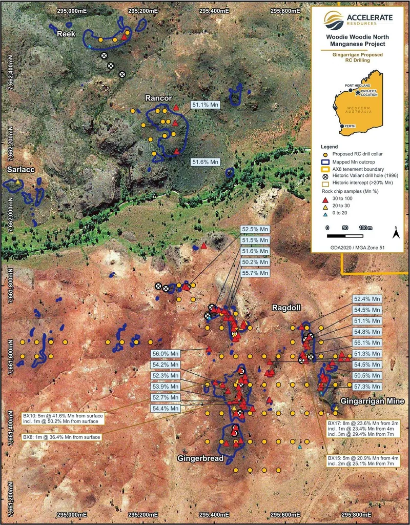 Gingarrigan prospect area, proposed RC drill collars, historic 1996 drill holes and manganese rock chip samples