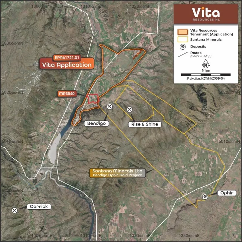 ~68km2 Exploration Permit application lodged in the Bendigo area of Central Otago, adjoining Santana Minerals’ (ASX: SMI) Bendigo-Ophir Gold Project