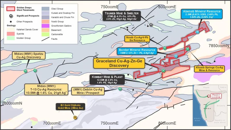 Golden Deeps Otavi Mountain Land Projects, Mineral Resources and key prospects with major mines