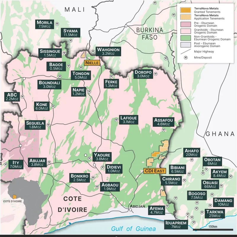 Nielle Project location, regional operating gold mines and TerraNova existing licence areas