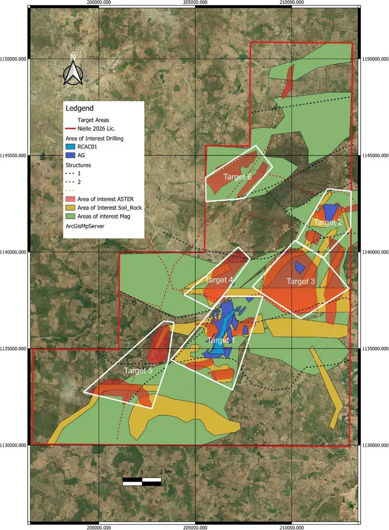 Exploration target areas within the ~212km² Nielle Project permit area